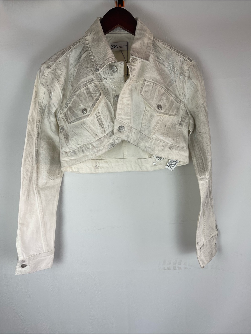 Zara Metallic Silver High-Low Cropped Denim Jacket NWT Size S